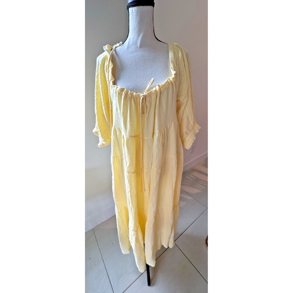 NWT Olivaceous Yellow 100% Cotton Peasant Tiered Mid Dress Sz S